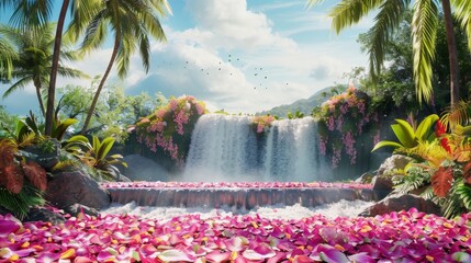 Get lost in the beauty of a tropical oasis with this podium adorned with vivid petals and set against a backdrop of towering palm . . - Powered by Adobe