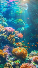 Fototapeta na wymiar A vibrant and diverse coral reef teeming with marine life underwater. Wallpaper. Background.