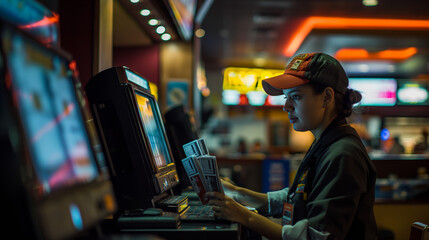An employee operates a point of sale terminal at a fast food restaurant, symbolizing modern commerce