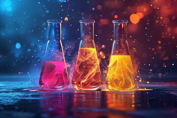 Three Flasks Filled With Liquid on a Table. Generative AI