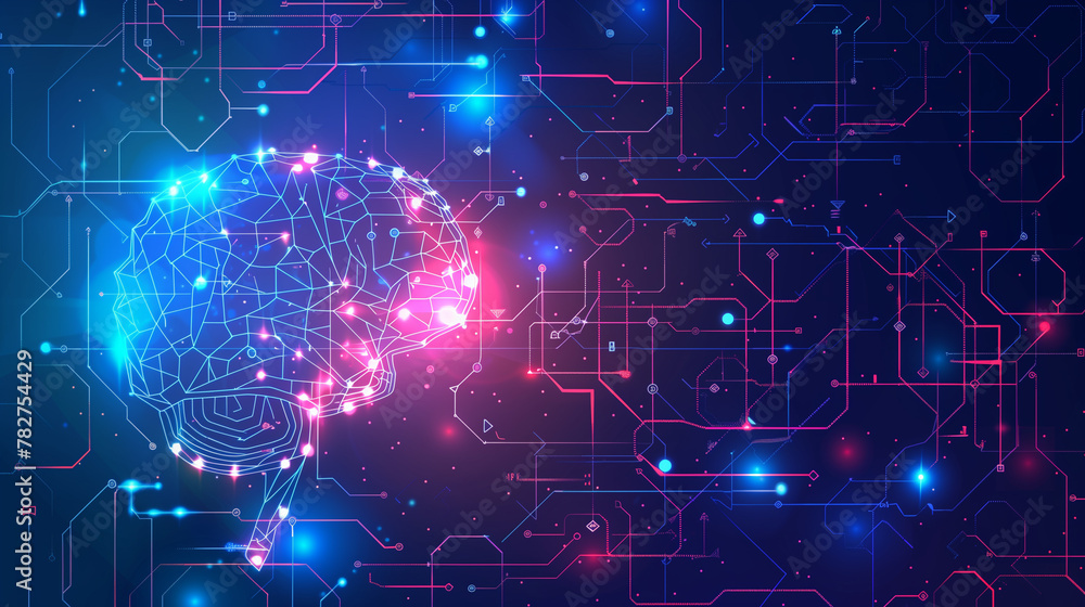 Poster a brain is shown in a purple and blue background with a lot of lines. the brain is surrounded by a l