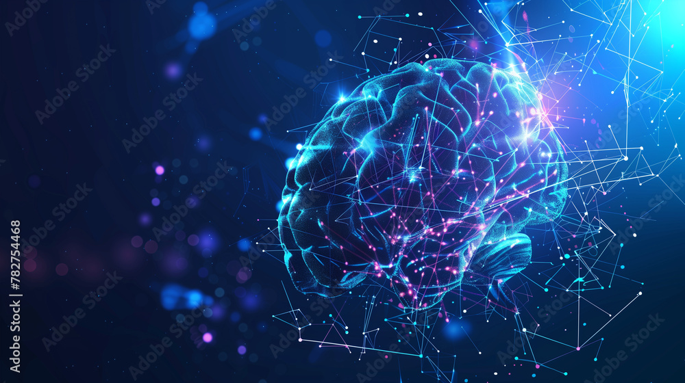 Poster a brain is shown in a purple and blue background with a lot of lines. the brain is surrounded by a l