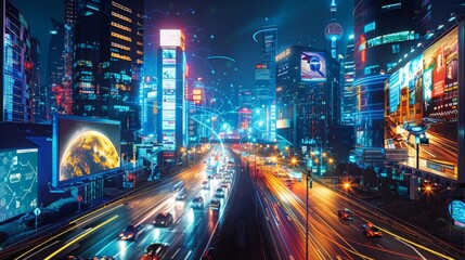 A bustling cityscape at night showcasing the integration of AI in urban life, including driverless cars navigating the streets, drones delivering packages.