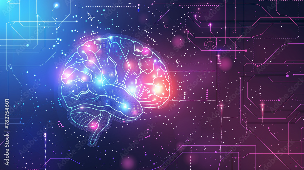 Poster a brain is shown in a purple and blue background with a lot of lines. the brain is surrounded by a l