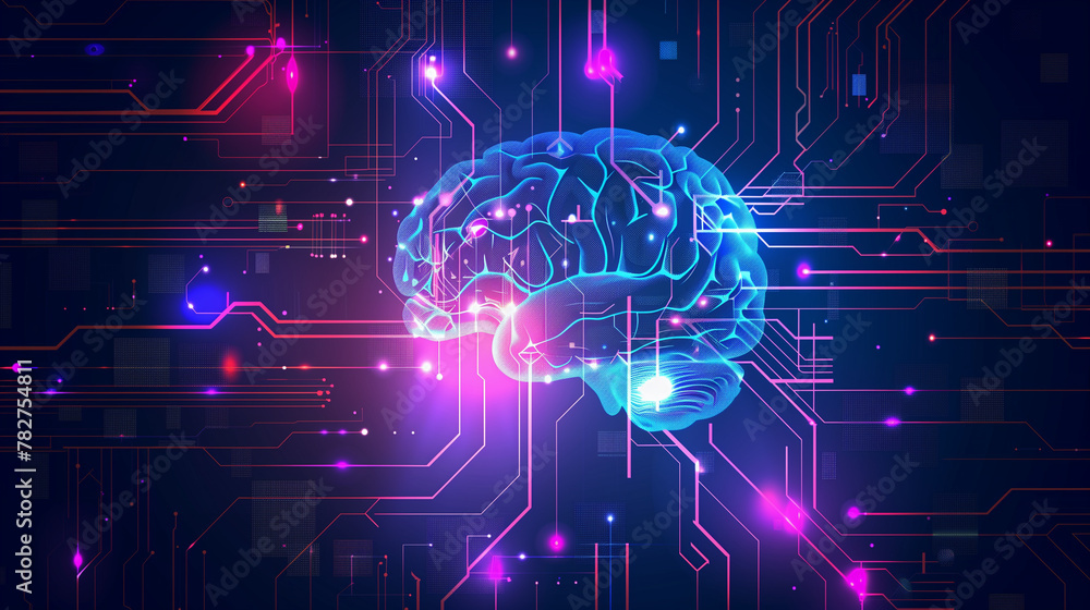 Poster a brain is shown in a purple and blue background with a lot of lines. the brain is surrounded by a l