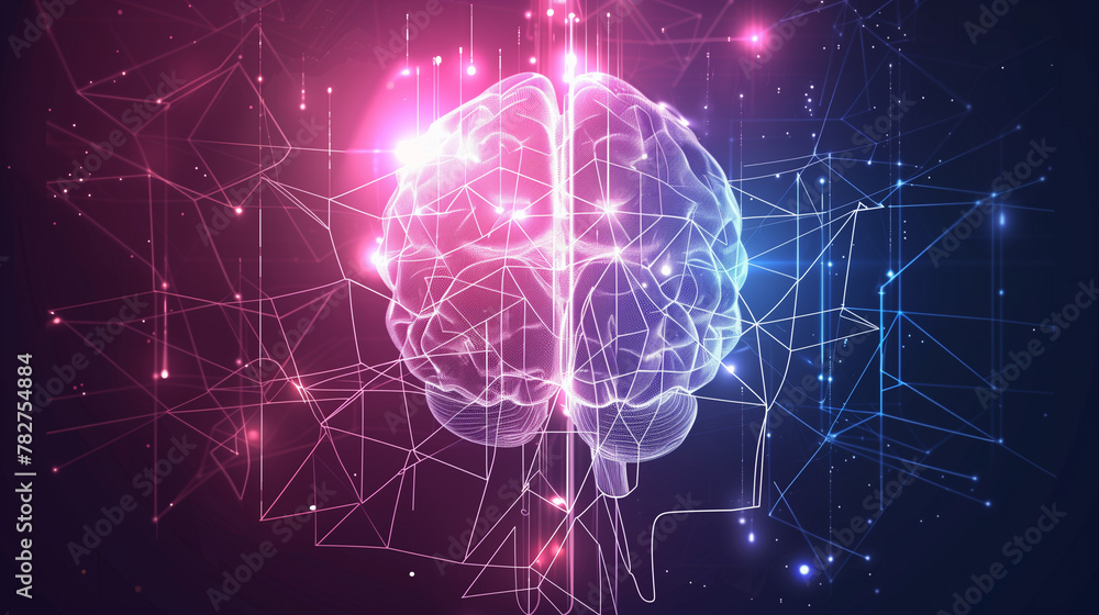 Poster a brain is shown in a purple and blue background with a lot of lines. the brain is surrounded by a l