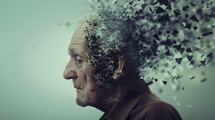 Elderly man's profile and face gradually dissolving into nature as a metaphor for the progressive decline in cognitive function associated with - obrazy, fototapety, plakaty