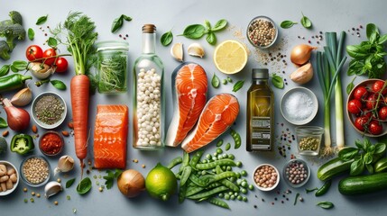 A creative top-down composition of a meal prep process with a variety of organic vegetables, grains, and proteins, ready for cooking - obrazy, fototapety, plakaty