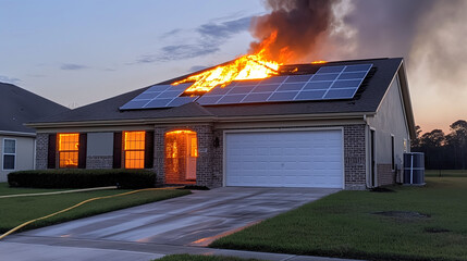 Blitzeinschlag in Solarzelle Photovoltaikanlage in Einfamilienhaus Blitzableiter Versicherung bei Hausbrand durch Blitzschlag Generative AI - obrazy, fototapety, plakaty