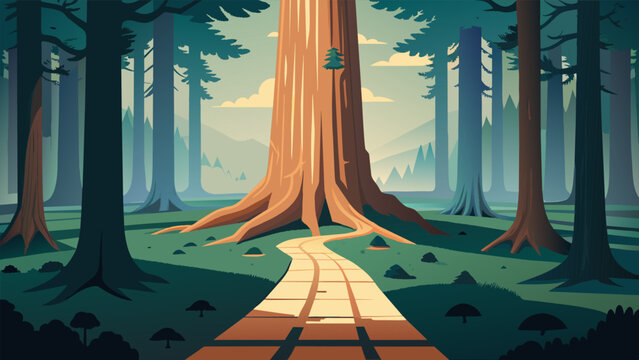 A map carved into the trunk of a sy redwood tree with intricate paths and symbols leading towards the trees highest branches. Adventurers brave