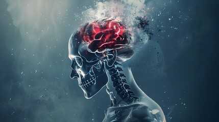 Traumatic Brain Injury Metaphor Represented by Skull with Exploding Rose Brain description:This digital artwork depicts a metaphorical representation - obrazy, fototapety, plakaty