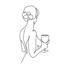Trendy Line Art Drawing of Happy Woman with Wine Glass. Elegant Female Back Abstract Minimal Black Lines Drawing. Female Silhouette for Modern Scandinavian Design. Vector Illustration.