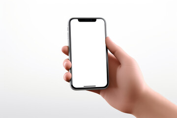 Hand holds a smartphone with a white screen. Blank mobile phone mockup