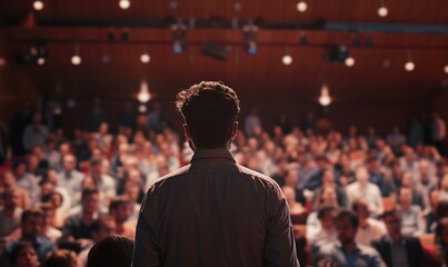 Speaker facing audience in a conference hall - obrazy, fototapety, plakaty