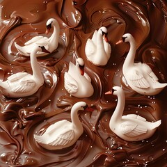 A serene lake of melted chocolate, with marshmallow swans floating atop. - obrazy, fototapety, plakaty
