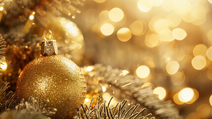 Close-up of a glittering golden Christmas bauble hanging amidst the warm golden lights of a decorated tree