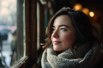 Portrait of a beautiful young woman in a warm sweater looking out the window
