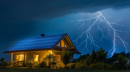 Blitzeinschlag in Solarzelle Photovoltaikanlage in Einfamilienhaus Blitzableiter Versicherung bei Hausbrand durch Blitzschlag Generative AI - obrazy, fototapety, plakaty