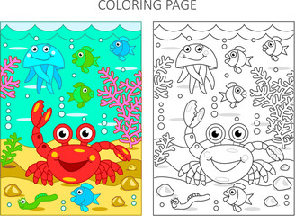 Color by sample. Coloring page with crab and underwater scene of sea life.
