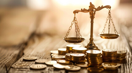 Justice Scale With Coins on Wooden Background - obrazy, fototapety, plakaty