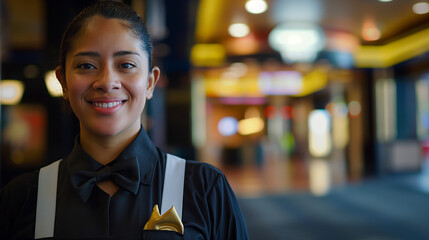 A smiling hospitality worker in a cinema lobby with a bow tie and badge