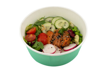 Poke bowl with salmon islated on white background. Poke bowl with salmon, rice, avocado, edamame beans, cucumber and radish isolated