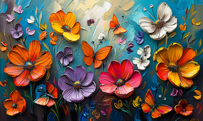 Fototapeta premium Oil Painted Vivid Orange Butterflies and Lush Floral Array - Summery Artistic Backdrop