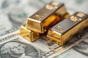 Background image of gold bars placed on banknotes, gold price trading concept. - obrazy, fototapety, plakaty