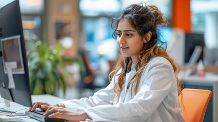 A Pakistani healthcare professional, aged between 30 and 55, reviews a patients history on a computer in a modern, light-filled office