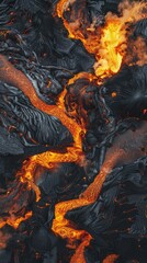 A dynamic close-up view of a flowing lava river texture. The molten lava moves vigorously, showcasing its raw power