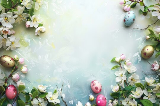 Easter background with painted eggs and spring flowers.