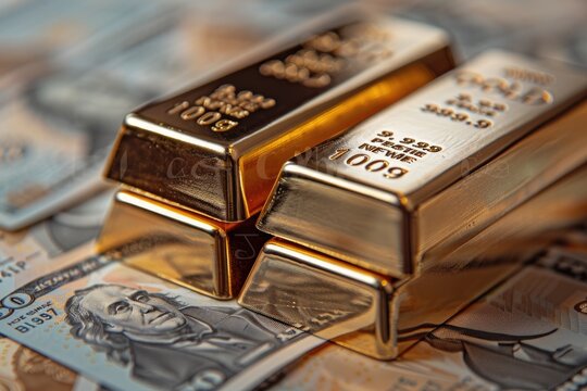 Background image of gold bars placed on banknotes, gold price trading concept.