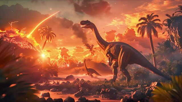 AI-generated dinosaurs in a prehistoric landscape. Global Earth disaster. Perfect for educational materials, scientific publications, and digital art. The concept of dinosaur extinction.