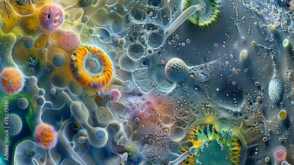 Aufkleber a colorful and intricate microscopic landscape with rotifers roaming and grazing a algae and bacteri