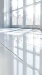 Fototapeta premium Glossy white tiled floor with a window in the background, creating a bright and clean interior space. Wallpaper. Background. 