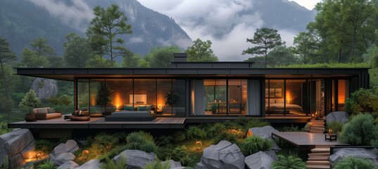 Modern house atop hill with trees, rocks cloudfilled sky, natural landscape