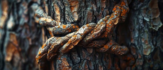 Twisted vine wrapping tree trunk, close up, detailed texture, natural lighting - obrazy, fototapety, plakaty