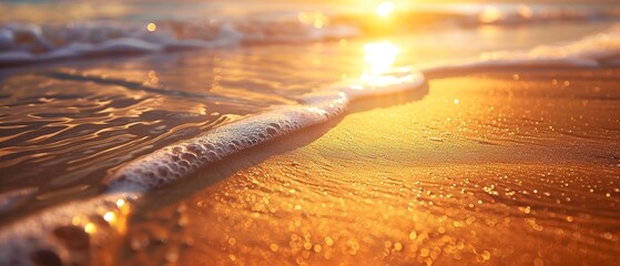 Summer beach sunset, close up, warm sand textures, golden light, serene