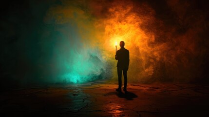 Seeking truth: persona with torch embarks on quest in dark space, symbolizing exploration, discovery, and enlightenment in the pursuit of knowledge and understanding