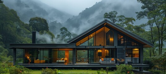 House nestled in forest with mountain backdrop, modern design