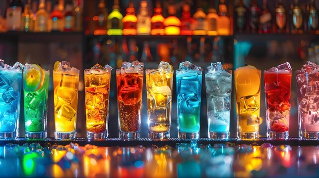 beautiful line of colorful alcoholic cocktails in a nightclub bar