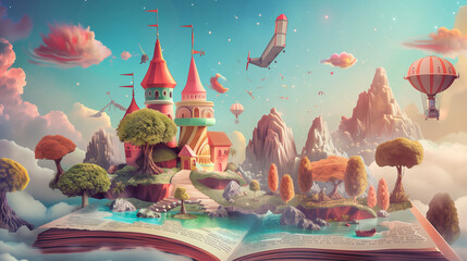 Fantasy Storybook Castle and Landscape Emerging from Open Book