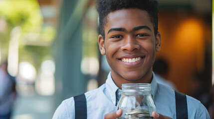 An optimistic teenage boy showing off a glass jar with saved money, symbolizing financial education - obrazy, fototapety, plakaty