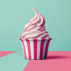 Delicious yogurt ice cream in a paper cup. Ice cream is poured by swirling to form a beautiful look. Pink background. 