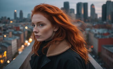 Fototapeta na wymiar Portrait of a beautiful red-haired model, a ginger model with a face of beauty and red hair, noir, contrast, color paint, multiple colors, city at background , detailed