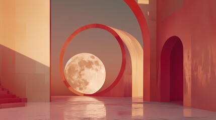 Red tone moon and oriental architecture geometric illustration poster background