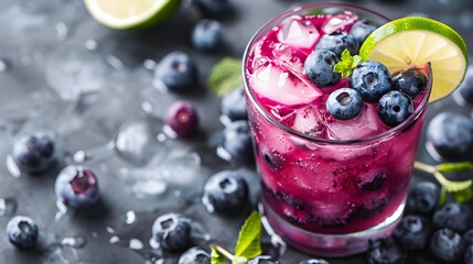 Blueberry purple cocktail drink with limes and blueberries scattered