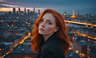 Fototapeta premium Portrait of a beautiful red-haired model, a ginger model with a face of beauty and red hair, noir, contrast, color paint, multiple colors, city at background , detailed