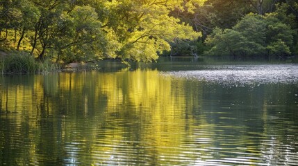 Fototapeta premium The still waters of a quiet lake reflect the vibrant hues of the surrounding forest. Sunlight filters through the foliage casting . .