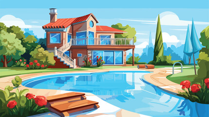 Country house with swimming pool vector illustratio